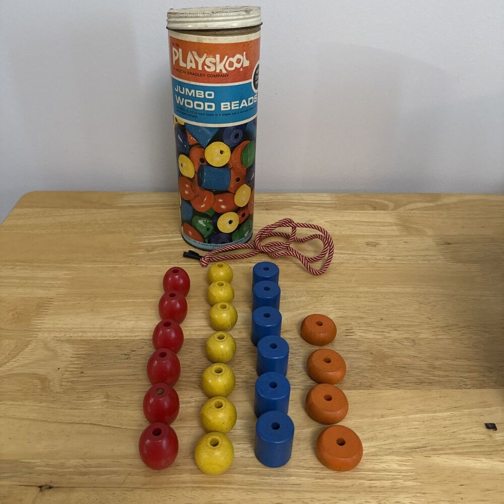 ​Vintage Playskool No. 702 Wood Jumbo Beads w/ Canister 1970s Chicago USA Toy